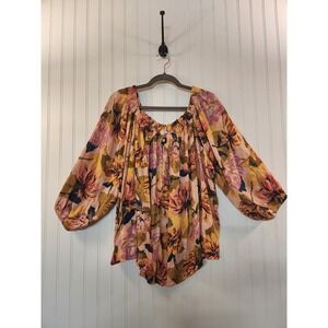 Terra & Sky Floral‎ Peasant Blouse 2X 20W-22W Pink Gold Rayon Boho Top Flowy